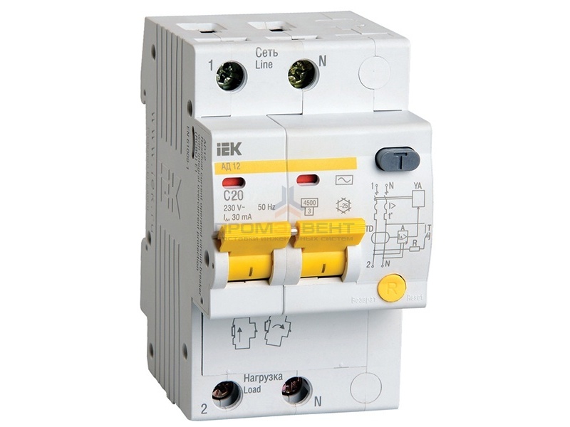 Дифференциальный автомат АД12 2Р 20А  30мА ИЭК